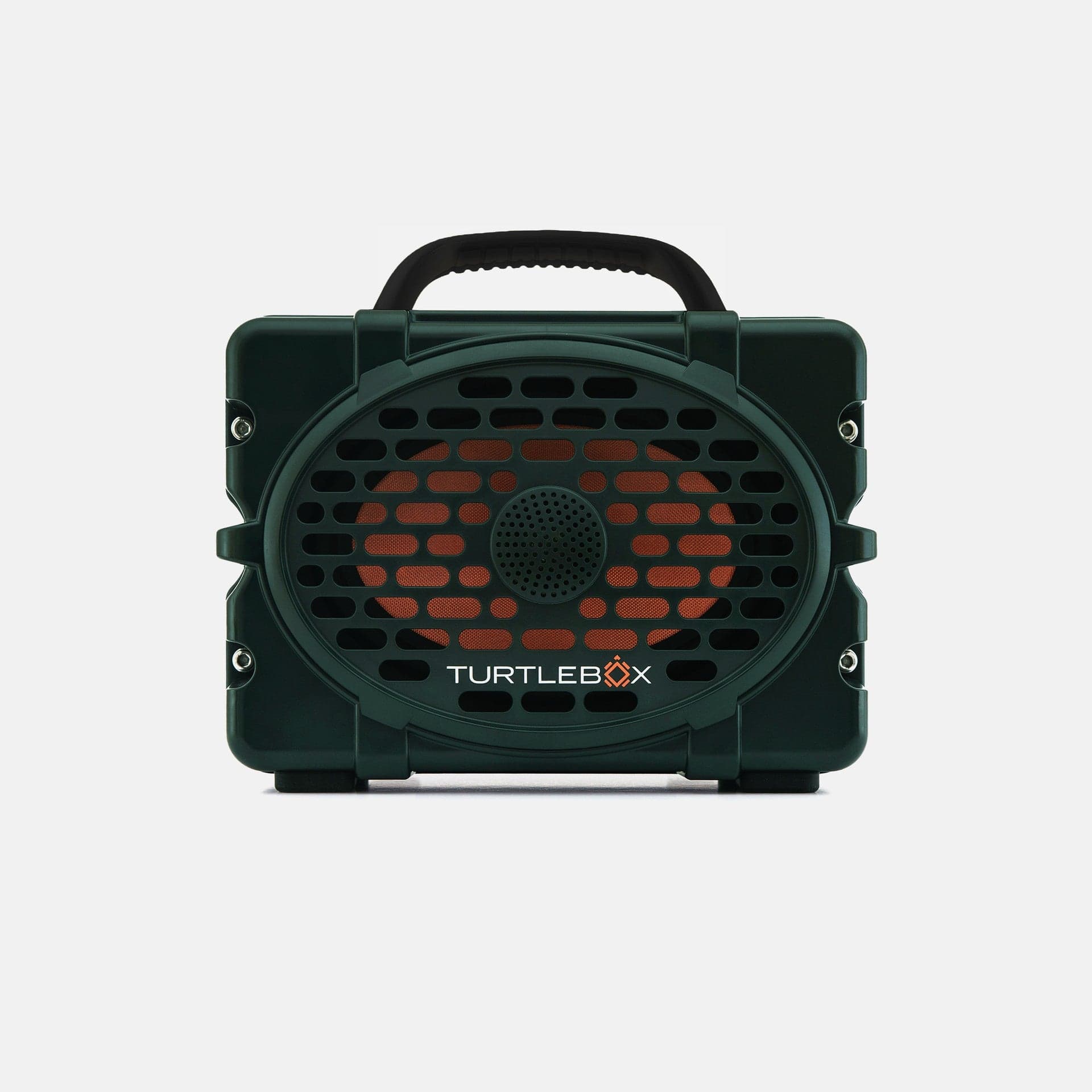 Front view of a green Turtlebox Original Gen 3 portable speaker with a black handle and oval grille.