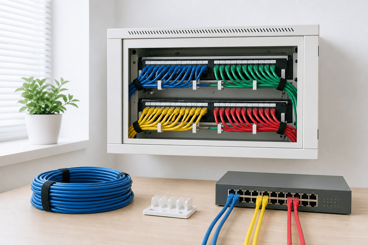 A bright office closet with a color-coded patch panel, a network switch on a light wood desk, and coiled ethernet cable — no people.