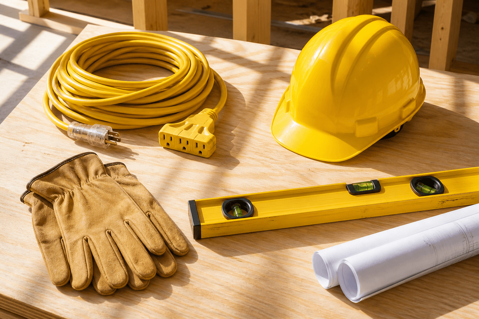 A yellow hard hat, coiled yellow extension cord, tan leather work gloves, a spirit level, and rolled blueprints arranged on a light-colored plywood floor inside a building under construction, illuminated by bright, natural sunlight.