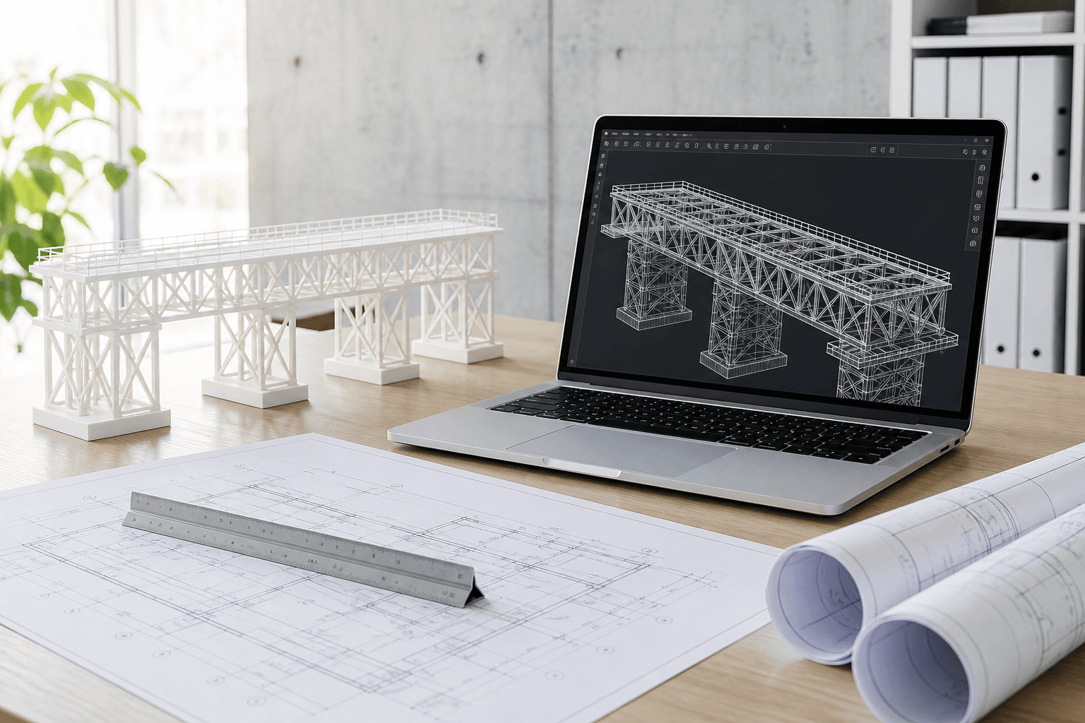 Modern engineering workspace featuring a laptop displaying a 3D CAD truss model, physical scale models, and architectural blueprints on a light wooden desk.