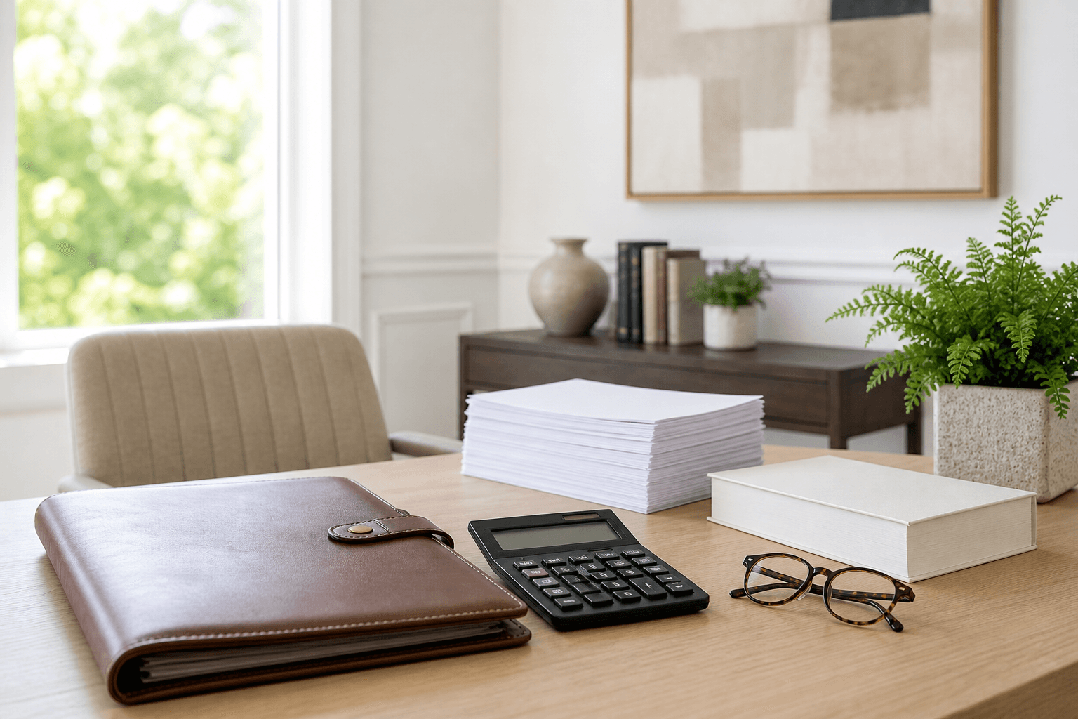 A bright office desk still life with a closed brown leather portfolio, a black calculator, tortoiseshell glasses, a stack of paper, and a small fern, lit by a window. No people.