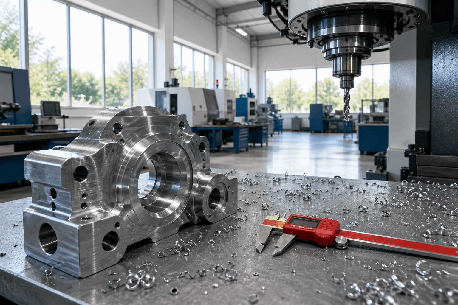 A precision-machined metal component sits on a workshop table next to a red digital caliper and metal shavings, with CNC machinery and a brightly lit industrial facility in the background.