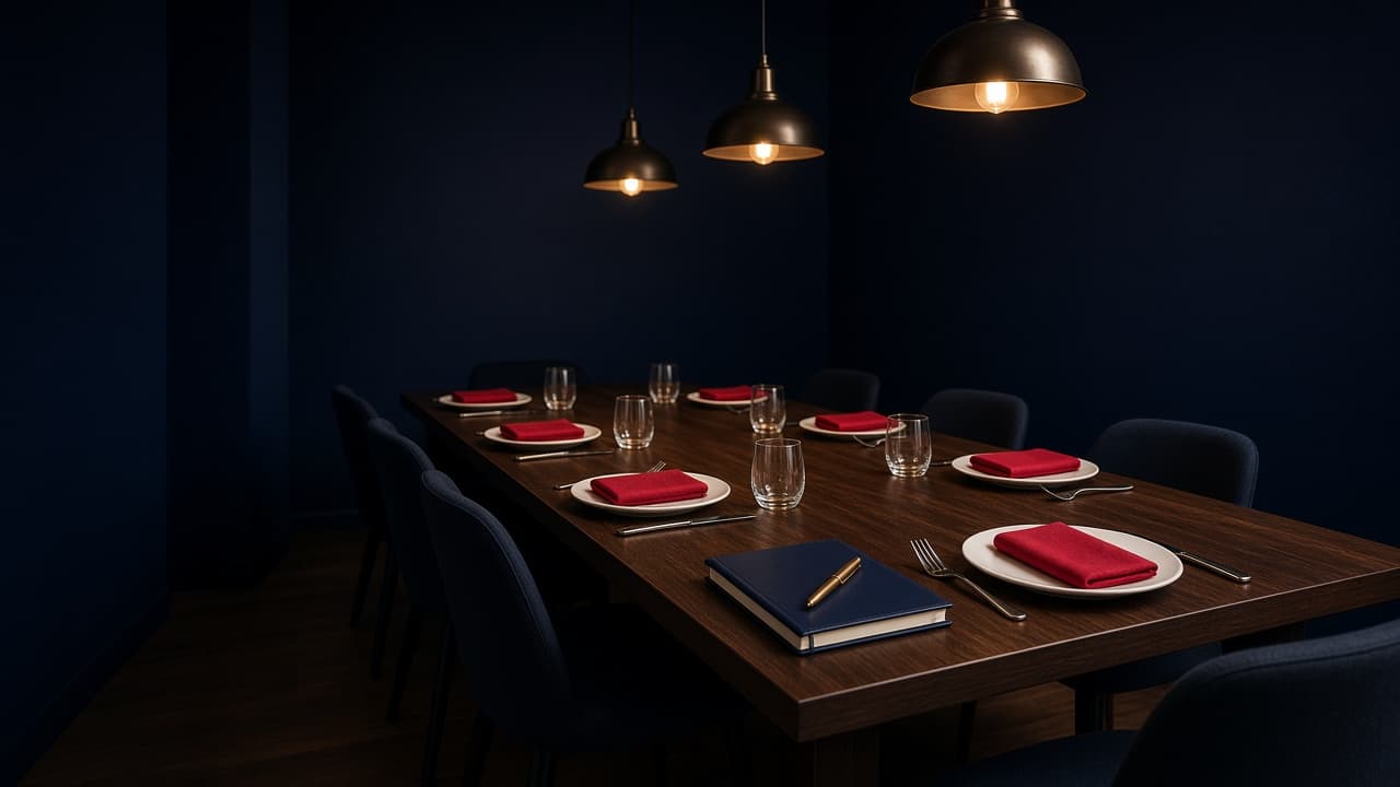 An empty private dining room with a long walnut table, crimson napkins, and place settings under warm pendant lights. No people.